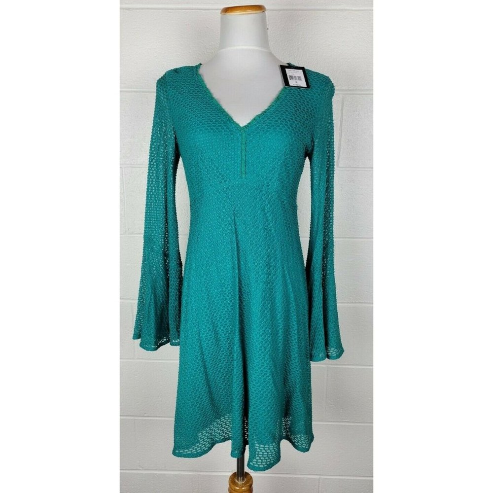 NWT Nanette Lepore Ciao Bella Shift Dress Jade Green Bell Sleeve Boho 8
